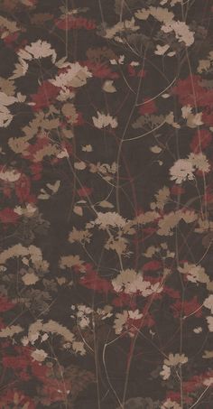 an abstract floral pattern with red, white and brown flowers on a dark gray background