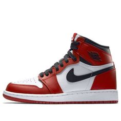 The Nike Air Jordan 1 Retro High OG BG GS 'Chicago' 2015 is a re-release of the iconic OG 'Chicago' colorway. The Chicago-Bulls inspired design combines a white, black, and Varsity Red leather upper with a white midsole and Varsity Red outsole. The sneaker also features OG Nike Air branding on the tongue and the Wings logo at the ankle collar. This May 2015 release is sure to be a hit with Jordan fans of all ages. (AJ1/SNKR/High Top/Basketball) Throwback Red Sneakers With Round Toe, Red Throwback Sneakers With Round Toe, Nike Air Jordan 1 Retro, Wings Logo, Air Jordan 1 Retro High Og, Air Jordan 1 Retro High, Nike Air Jordan 1, Air Jordan 1 High, Air Jordan 1 Retro