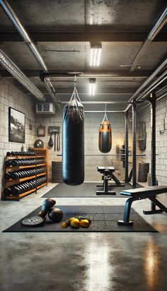 a gym with punching bags and exercise equipment