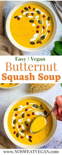 easy vegan butternut squash soup in two bowls