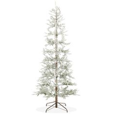 a white christmas tree with snow on the top and branches in the bottom, against a white background