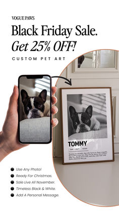 an advertisement for a black friday sale with a photo of a dog on the screen