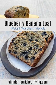 two slices of blueberry banana loaf on a plate