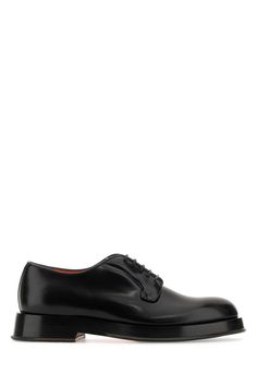 Black Leather Lace-up Shoes from Santoni Evening Oxfords With Leather Sole And Plain Toe, Evening Oxfords With Leather Sole, Evening Plain Toe Oxfords, Elegant Lace-up Shoes With Red Sole And Plain Toe, Modern Leather Shoes With Rubber Sole For Evening, Evening Leather Dress Shoes With Rubber Sole, Leather Plain Toe Oxfords For Evening, Evening Calf Leather Plain Toe Dress Shoes, Classic Lace-up Shoes With Red Sole For Formal Occasions