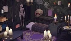 a living room filled with lots of furniture and candles in front of a skeleton on the wall