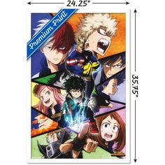 an anime poster with all the characters and their names on it's back side