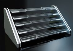 a display case with several clear sections on it's sides and two rows of drawers