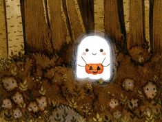 an image of a ghost in the woods with pumpkins on it's chest