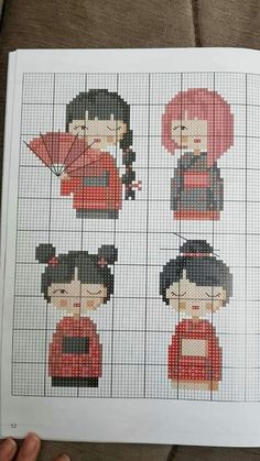 the cross stitch pattern shows four different people in red and black outfits, with one woman holding