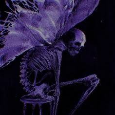 a skeleton sitting on a chair with a flower in it's hand and holding the back of its head