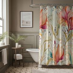 a bath room with a tub and a shower curtain