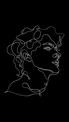 a black and white line drawing of a woman's face on a dark background