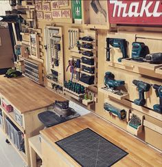 a workbench with various tools on it