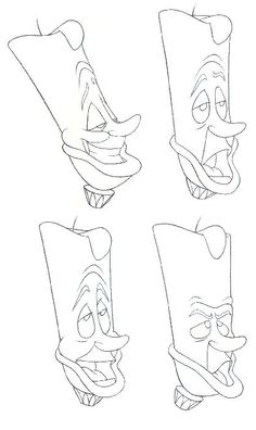 four cartoon faces with different expressions on each face, one is drawn in pencil and the other