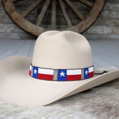 Hand-made beaded hat band    Adjustable with Leather ties  Length: 21 1/2 (not including ties)  Width: 1 1/8" Flag Beads, Silver Hats, Beaded Hat Bands, Hat Bands, Kids Belt, Beaded Hat, Texas Flag, Texas Flags, Outdoor Hats