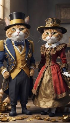 two cats dressed in fancy clothes standing next to each other with gold coins around them