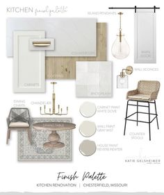 the interior design board for a kitchen with white and wood accents, including chairs, cabinets,