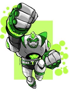 a green and white cartoon character with his arms in the shape of a fist,