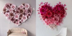 two pictures with flowers in the shape of a heart and a chair next to each other