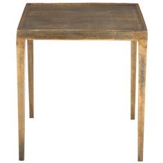 a small wooden table with metal legs and a square top on an isolated white background