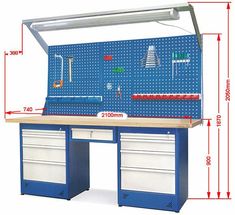 a blue workbench with drawers and tools on it's side, measurements