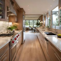 a kitchen with wooden cabinets and stainless steel appliances, along with white countertops and wood flooring