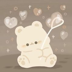 a white teddy bear sitting on top of a floor next to heart shaped bubbles and hearts