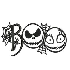 the word boo with two faces and spider webs on it, in black embroidery