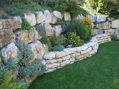 a stone wall with grass and flowers growing on it in the middle of a yard