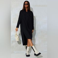 Black Drop Hem Deep Pocket Midi Shirt Dress Oversized Look (2-3 Sizes Bigger- Fits Like A Size 10-12 See Picture For More On The Fit) Black Lace Midi Dress, Button Shirt Dress, Black Ruffle Dress, Recycled Yarn, Shirt Dresses, Midi Shirt Dress, Chunky Boots, Black Shirt Dress, Long Sleeve Bodycon Dress