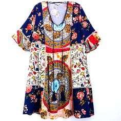 Nwot Oddy Boho Shift Dress Beautiful Floral Contrasting Print V Neckline Tassle Cords Shortsleeve With Ruffle 100% Viscose, Cotton Contrast Size Large Measured Flat Armpit To Pit 21" 1/2 Length 37" Excellent Condition Smokefree Multicolor Short Sleeve Printed Boho Dress, Multicolor Printed Boho Dress With Short Sleeves, Multicolor Boho Dress With Floral Print And Short Sleeves, Multicolor Flowy Boho Dress With Short Sleeves, Spring Multicolor Boho Dress With Ruffles, Bohemian Short Sleeve Dress With Mixed Print, Bohemian Dresses With Mixed Print And Short Sleeves, Spring Blue Boho Dress With Tassels, Blue Boho Dress With Tassels For Spring