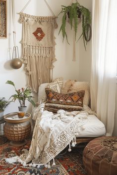 a bed with lots of pillows and blankets on top of it next to a potted plant