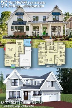 two story house plan with 3 car garage and attached living room, kitchen and dining area