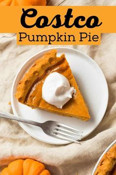 a slice of pumpkin pie on a white plate with whipped cream in the middle and an orange background