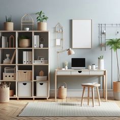 a room with a desk and shelves filled with plants, books, and other items