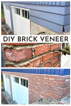 the side of a house with brick veneers and two garage doors in it