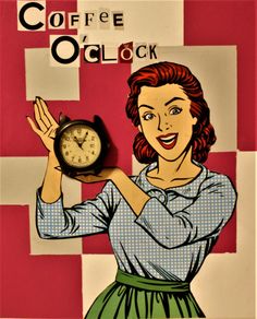 a woman holding up a clock with her hand on it's face and the words coffee o'clock written below