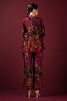 Maroon shirt with floral print in semi raw silk base. Paired with a semi raw silk matching printed pant. - Aza Fashions Elegant Silk Pants With Floral Print, Festive Silk Pant Set With Floral Print, Elegant Floral Print Festive Pant Set, Maroon Shirts, Floral Print Shirt, Collared Shirt, Pants Pattern, Pant Set, Shirt And Pants