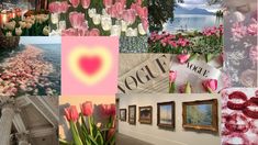 a collage of photos with flowers and pictures on the wall, including pink tulips