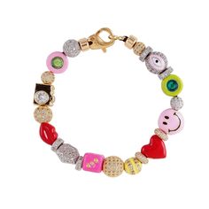 Pave Crystal Rhodium Plate + 14kt Gold Plate Beads MC Enamel Beads Available in 6.5", 7", and 8" Bracelet With Plate, Luxury Beaded Bracelet, Takashi Murakami Bracelet, Bracelet Cd, Dope Jewelry Accessories, Streetwear Jewelry, Glamour Decor, Enamel Beads, Amazon Buy