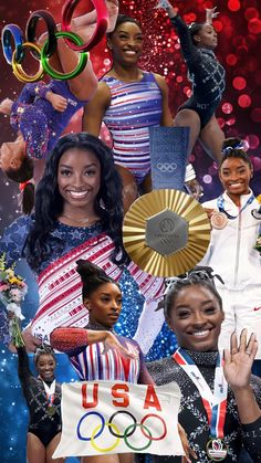 the collage shows women from all over the world holding up their olympic rings and medals