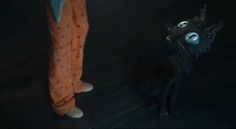 a black cat with blue eyes standing next to a person in orange pants and pajamas