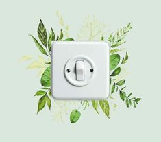 a white light switch with green leaves around it