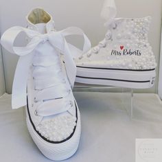 Embellished Round Toe Wedding Shoes For Bride, Embellished Round-toe Wedding Shoes For Bride, Platform Converse Wedding, Personalised Converse, Wedding Converse Bride, Pearl Converse, Wedding Day Shoes, Sparkle Converse, Converse Platforms