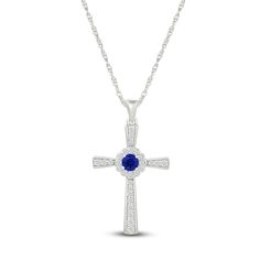 This sparkling cross necklace is a faith-filled style choice. Sterling silver A round-cut blue lab-created sapphire centers the cross, wrapped in a scalloped halo of round white lab-created sapphires More round white lab-created sapphires line the flared design 18-inch rope chain with spring ring clasp Blue Cross Pendant Necklace For Anniversary, Jewelry Style Guide, Wedding Band Styles, Sterling Silver Cross Necklace, Anniversary Wedding Band, Jewelry Staples, Jared The Galleria Of Jewelry, White Lab, Diamond Anniversary