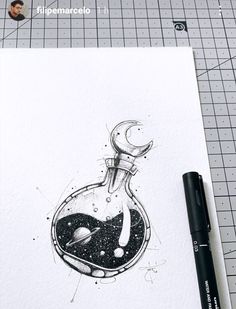 an ink drawing of a bottle filled with liquid and a crescent on the top, next to a pen