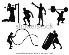 the silhouettes of people doing different sports activities, including lifting and squatting with their hands