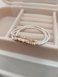 "Rose Gold Bracelet, Soft gold bracelet,stacking bracelets, stretch beaded bracelets. More items in soft/pale gold: https://www.etsy.com/shop/StephanieMartinCo?ref=seller-platform-mcnav&search_query=soft+gold ❤ SIZES This item comes in several sizes. Kindly choose at checkout. The standard size for an average woman is 7\". For a child, a 6\" would be appropriate. I recommend you measure your wrist to determine the best fit. ❤ PROCESSING AND SHIPPING Most orders are made and shipped out in on Elegant Wrap Bracelet With Tiny Beads As A Gift, Elegant Wrap Bracelet With Tiny Beads For Gift, Elegant Wrap Bracelet With Spacer Beads For Gift, Dainty Stretch Bracelet With Faceted Beads For Gift, Elegant Rose Gold Stackable Stretch Bracelet, Gold Delicate Stackable Beaded Bracelets, Delicate Gold Stackable Beaded Bracelets, Elegant Wrap Bracelet With Faceted Beads, Elegant Rose Gold Stretch Bracelet For Daily Wear