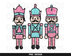 three pink and blue nutcrackers with one wearing a crown, the other wearing a