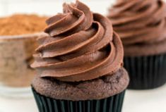 two cupcakes with chocolate frosting on top